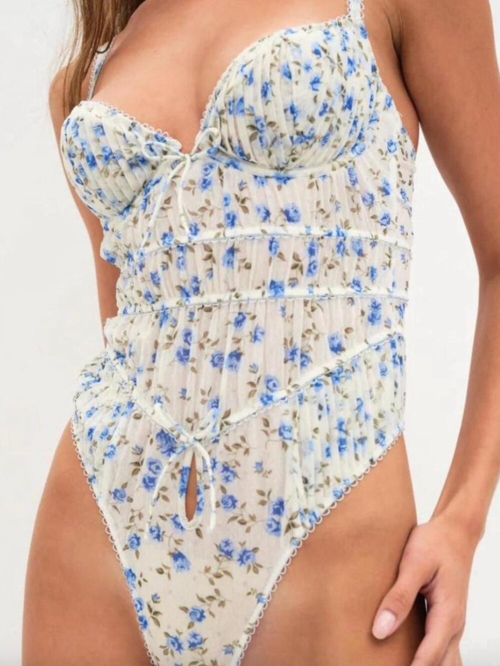 NWT For Love and Lemons Lottie White and Blue Floral Bodysuit Size S